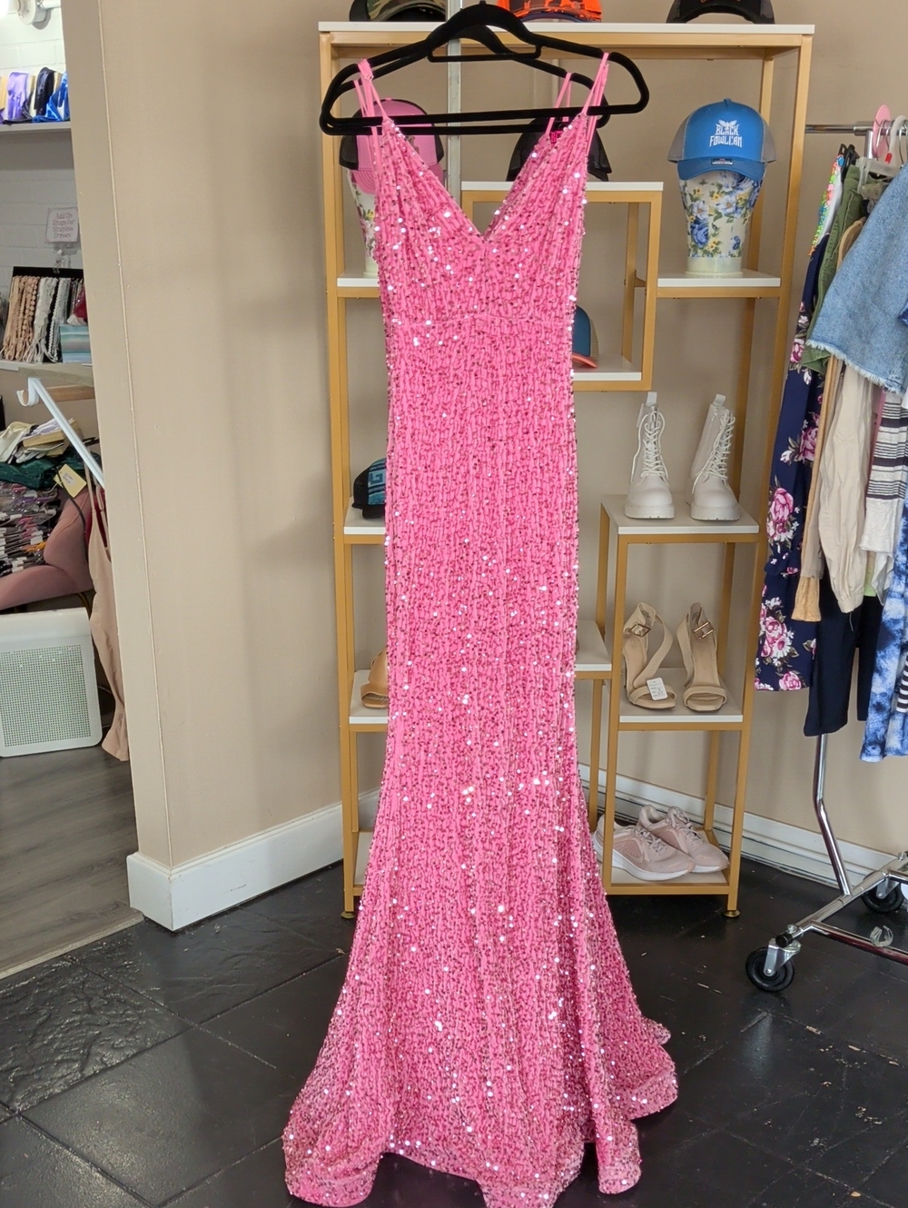 Pink Sequin V-Neck Evening Gown